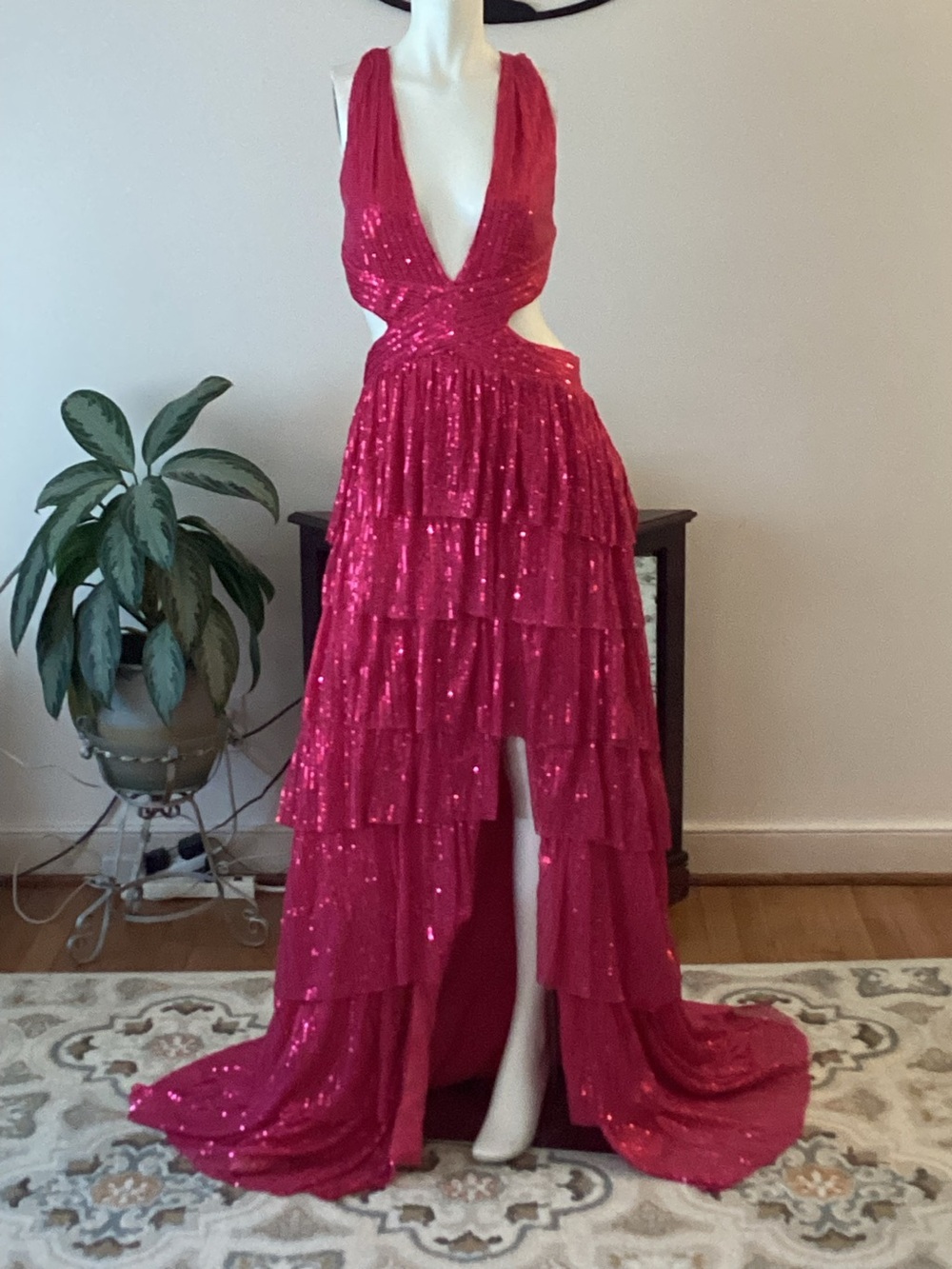 Evening Gown Sequined Deep V Tiered in Fuchsia